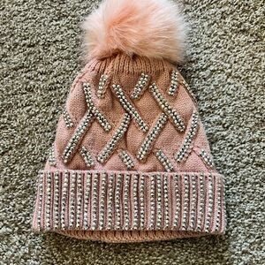 Pink Knit Beanie with Rhinestones and Pom Pom
